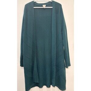 Chicos Mixed Stitch Sweater Cardigan Size 3 US XL Teal Green Open Front Pockets